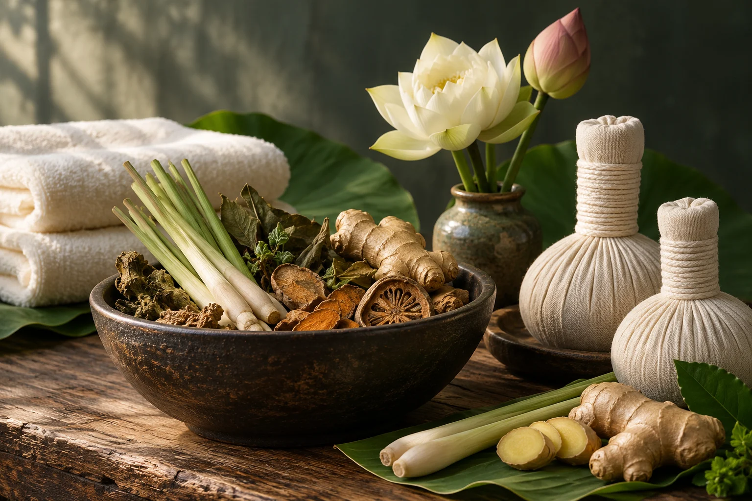 Thảo mộc và hoa sen trong không gian thư giãn — ảnh minh họa